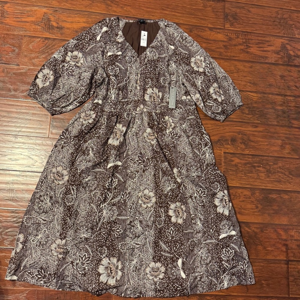Boho Floral Lane Bryant Womens 22/24 Brown Cotton V-Neck Midi Dress NWT Plus